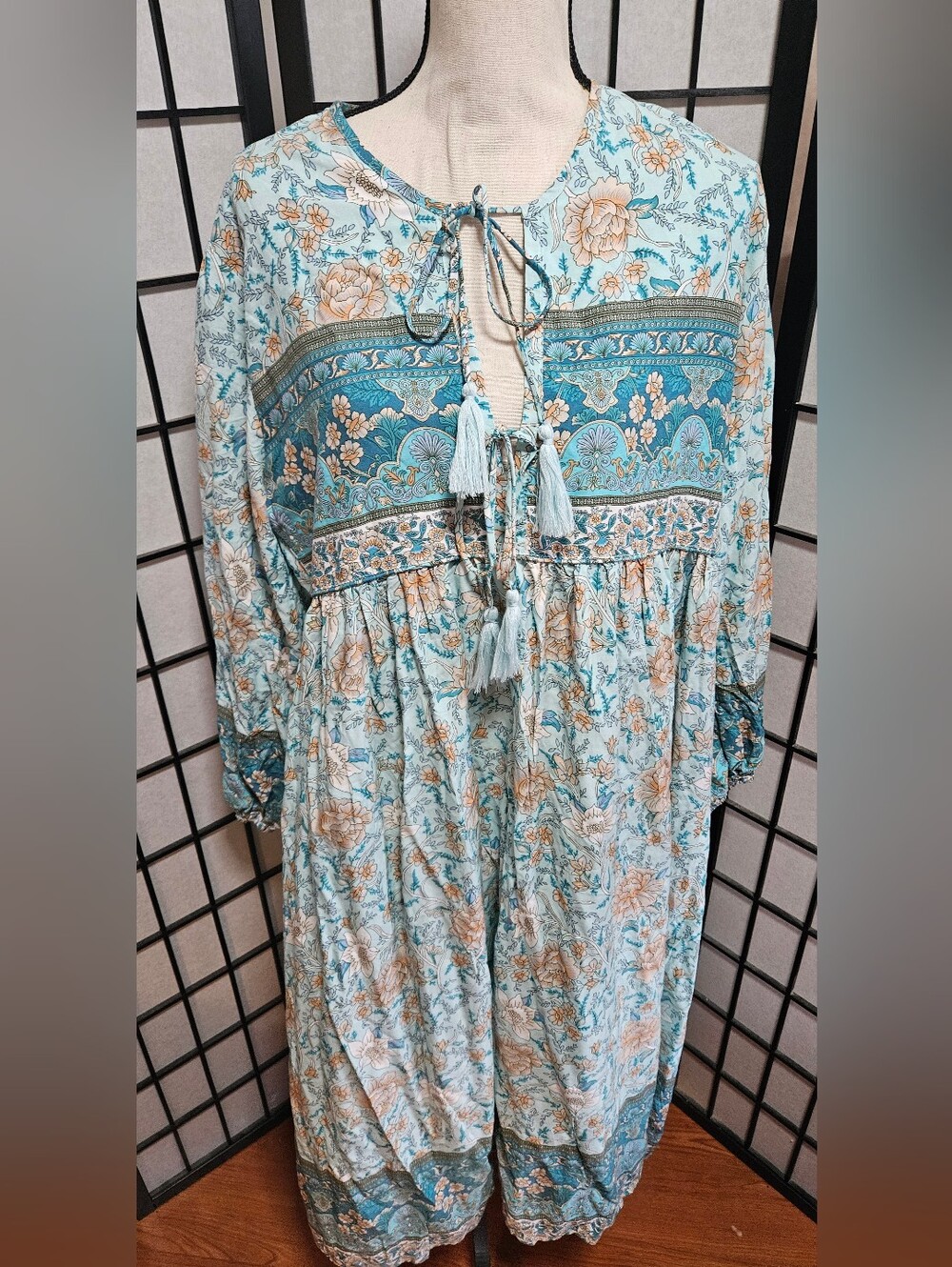 Women's 2XL R Vivimos Blue & Orange Floral Bohemian Style Long Sleeve Maxi...